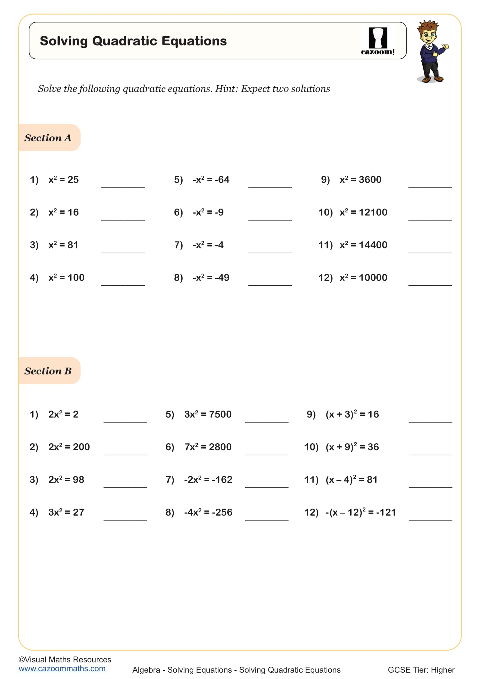 Solving Quadratic Equations worksheet