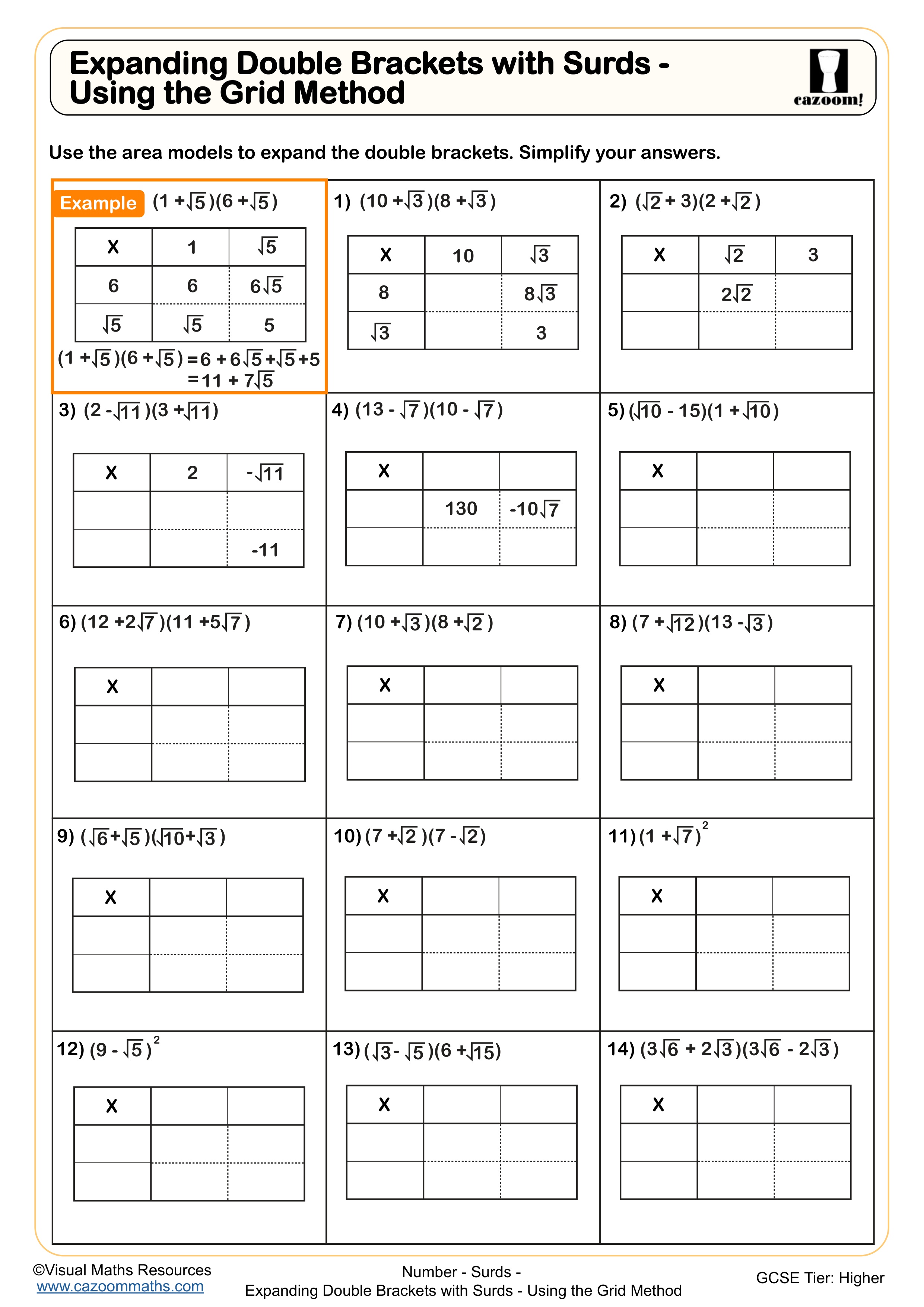 Preview of Expanding Double Brackets with Surds - Using the Grid Method