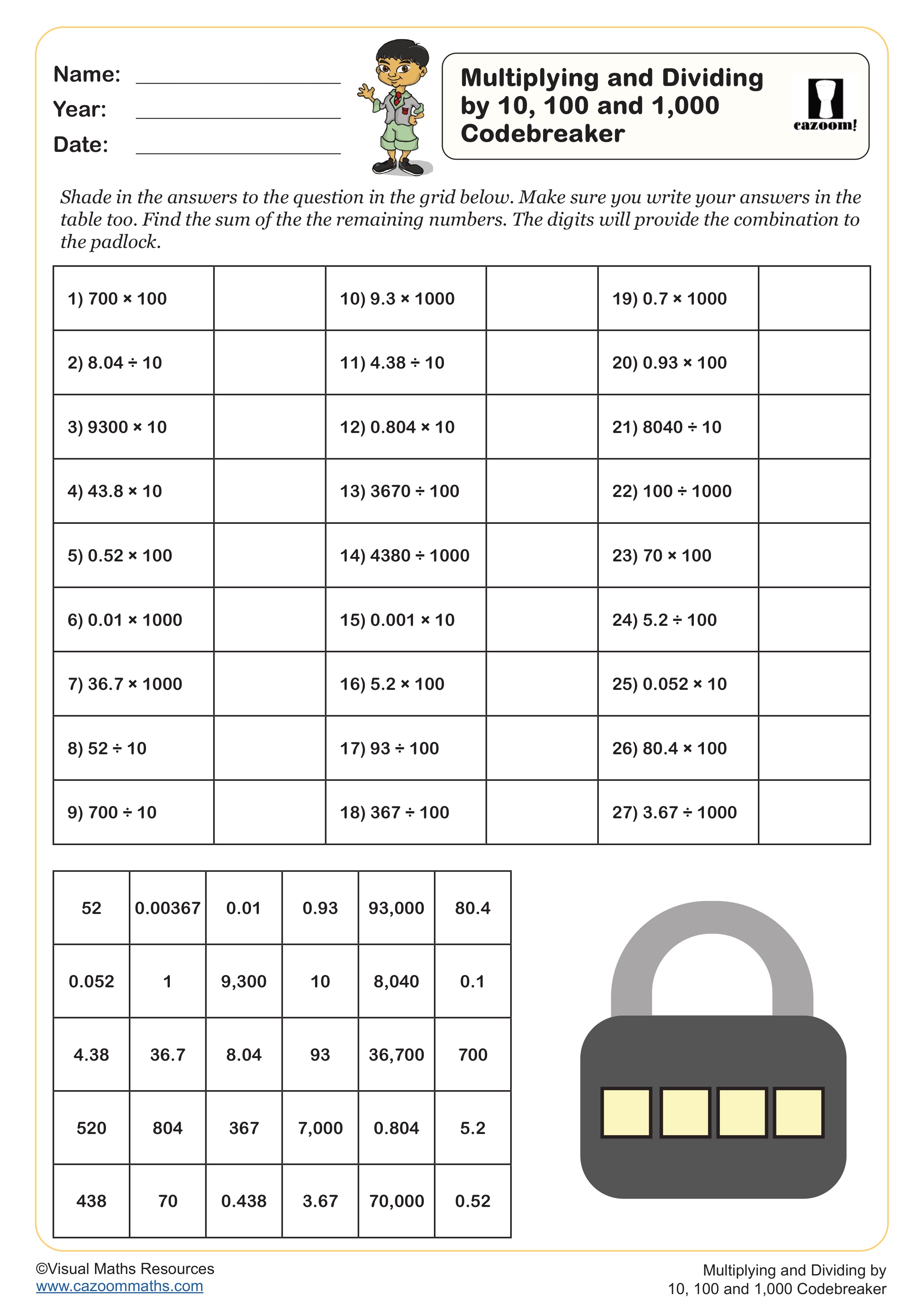 Preview of Multiplying and Dividing by 10, 100 and 1,000 Codebreaker