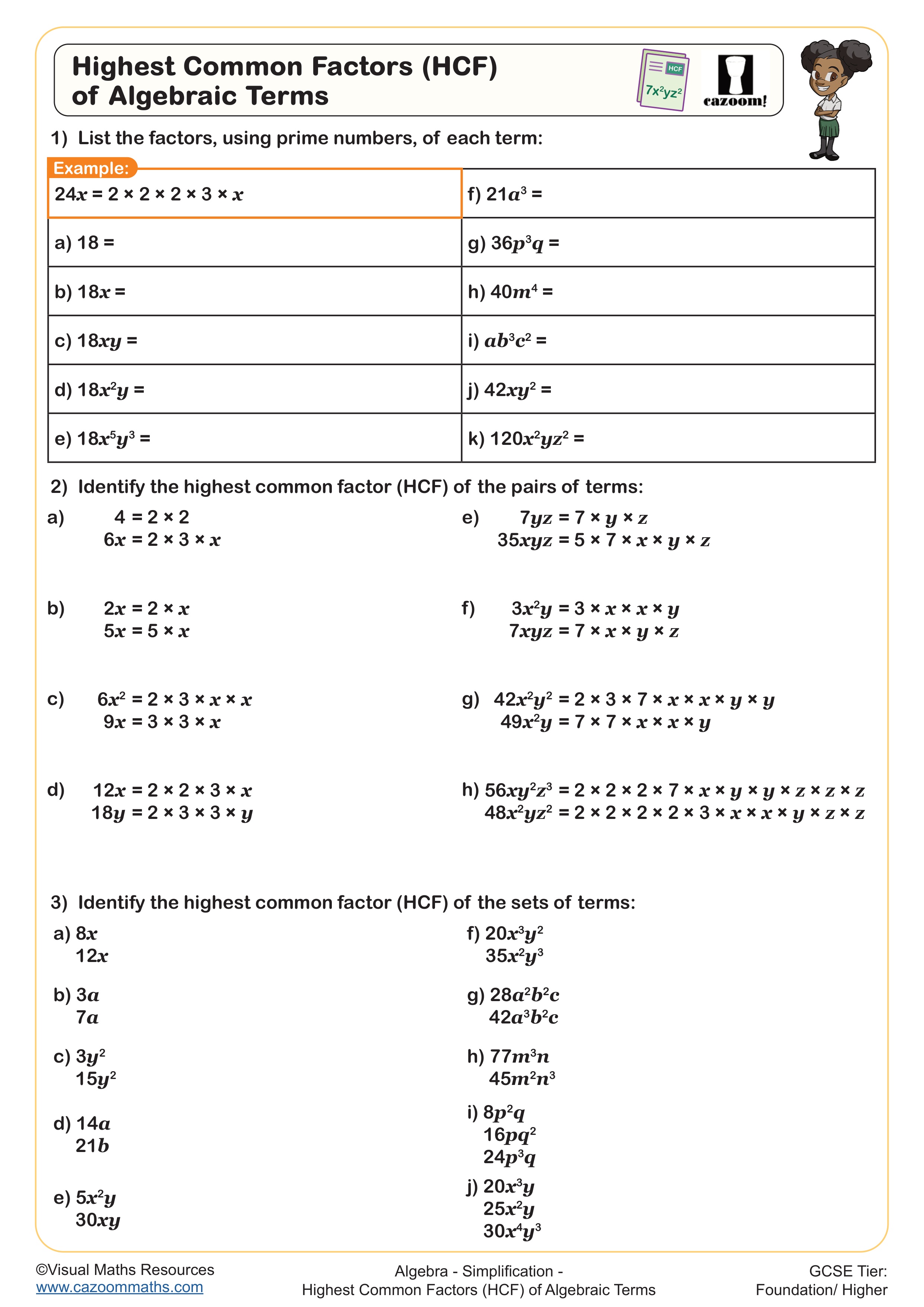 Preview of Highest Common Factors (HCF) of Algebraic Terms