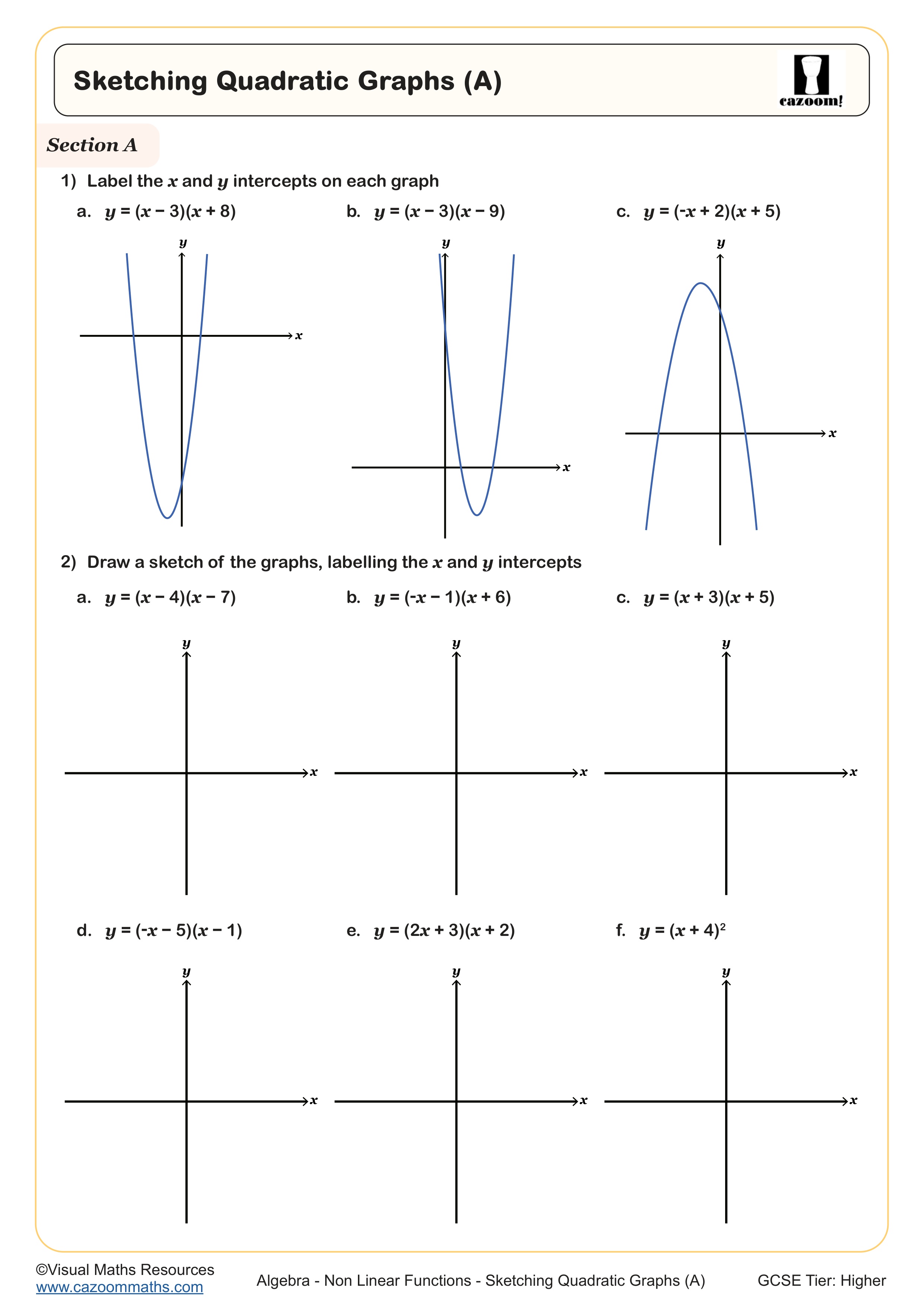 Sketching Quadratic Graphs (A) worksheet