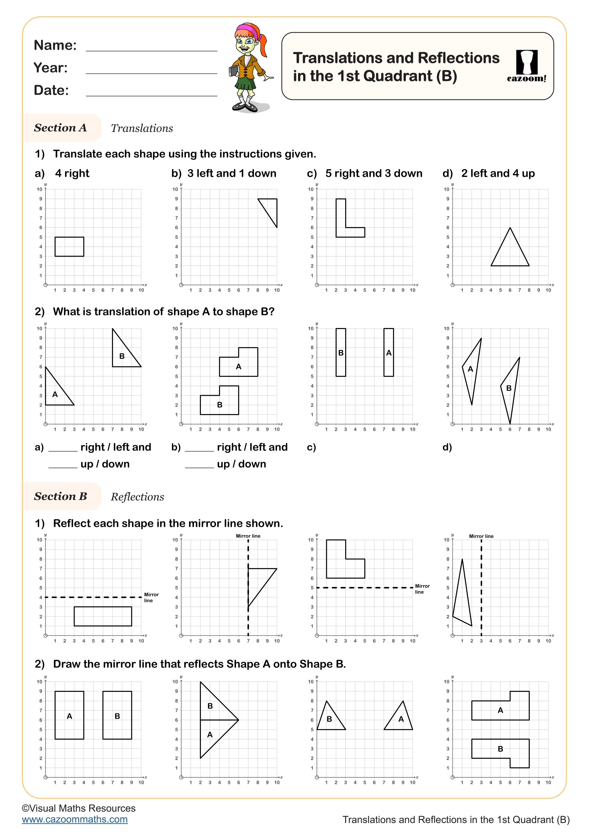Translations and Reflections in the 1st Quadrant (B) worksheet
