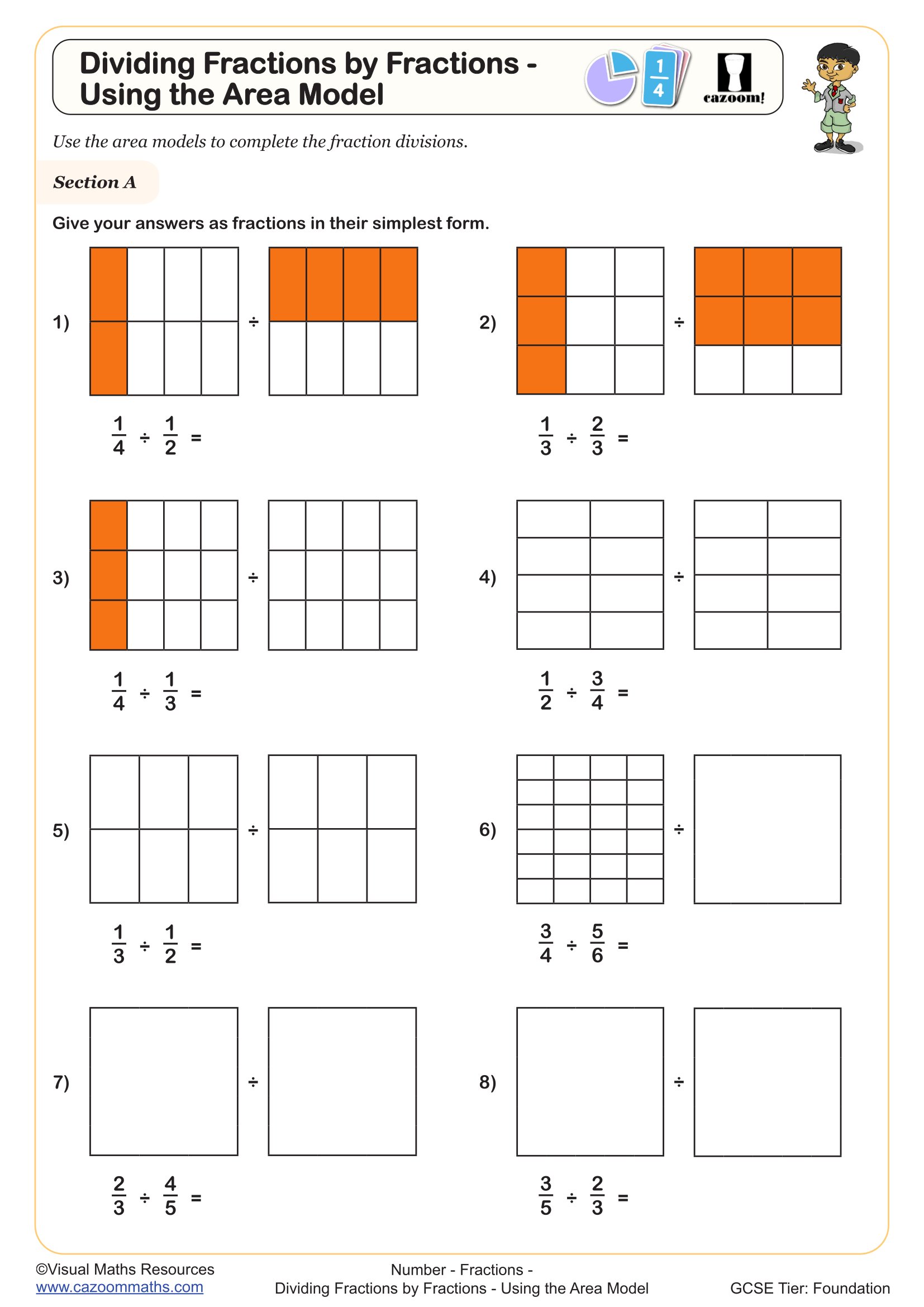 Dividing Fractions by Fractions - Using the Area Model worksheet