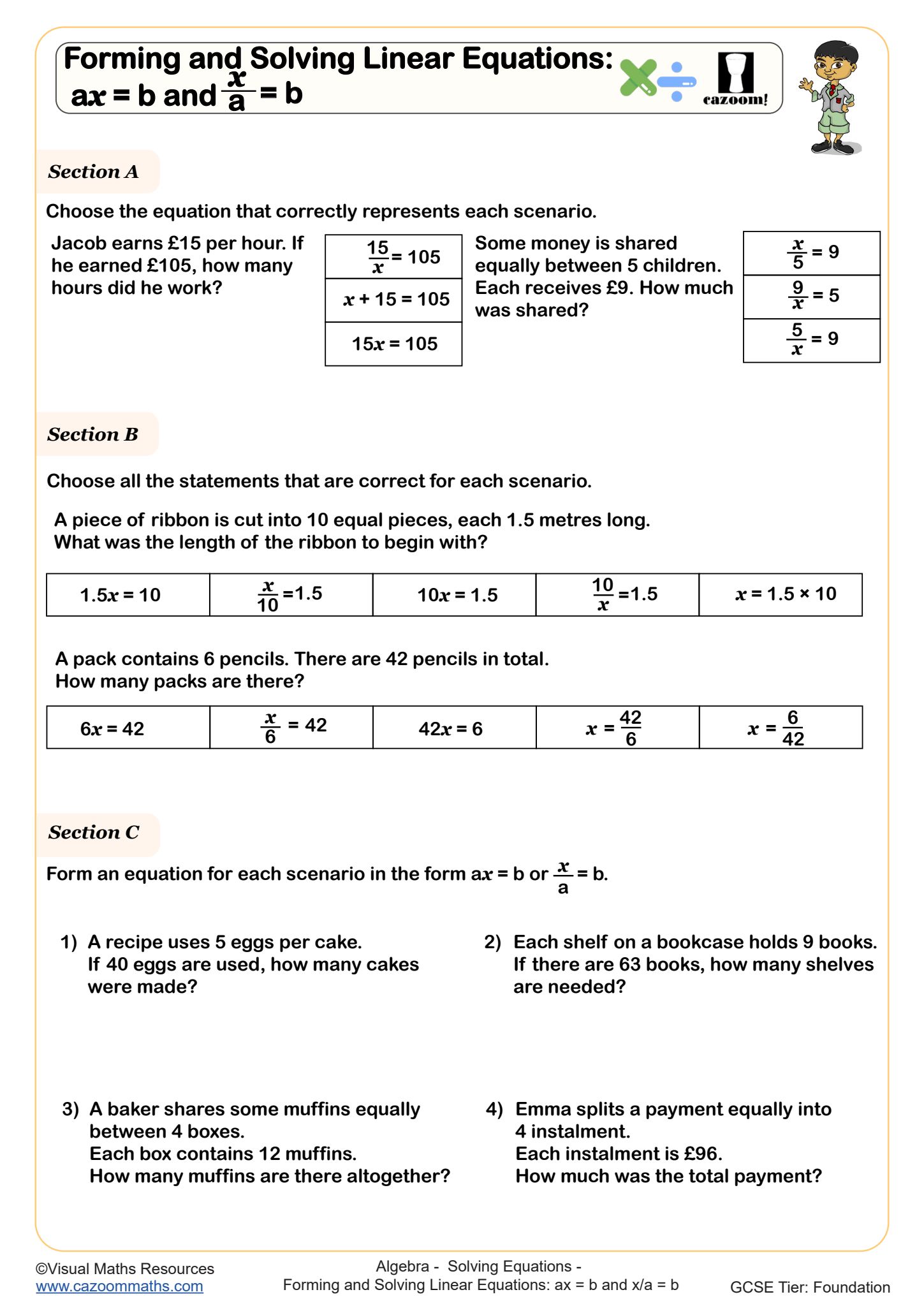 Forming and Solving Linear Equations: a𝑥 = b and 𝑥/a = b worksheet